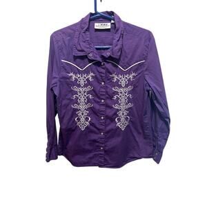Western Cowboy Pearl Snap Shirt Purple White Embroidery Cotton Women's Medium